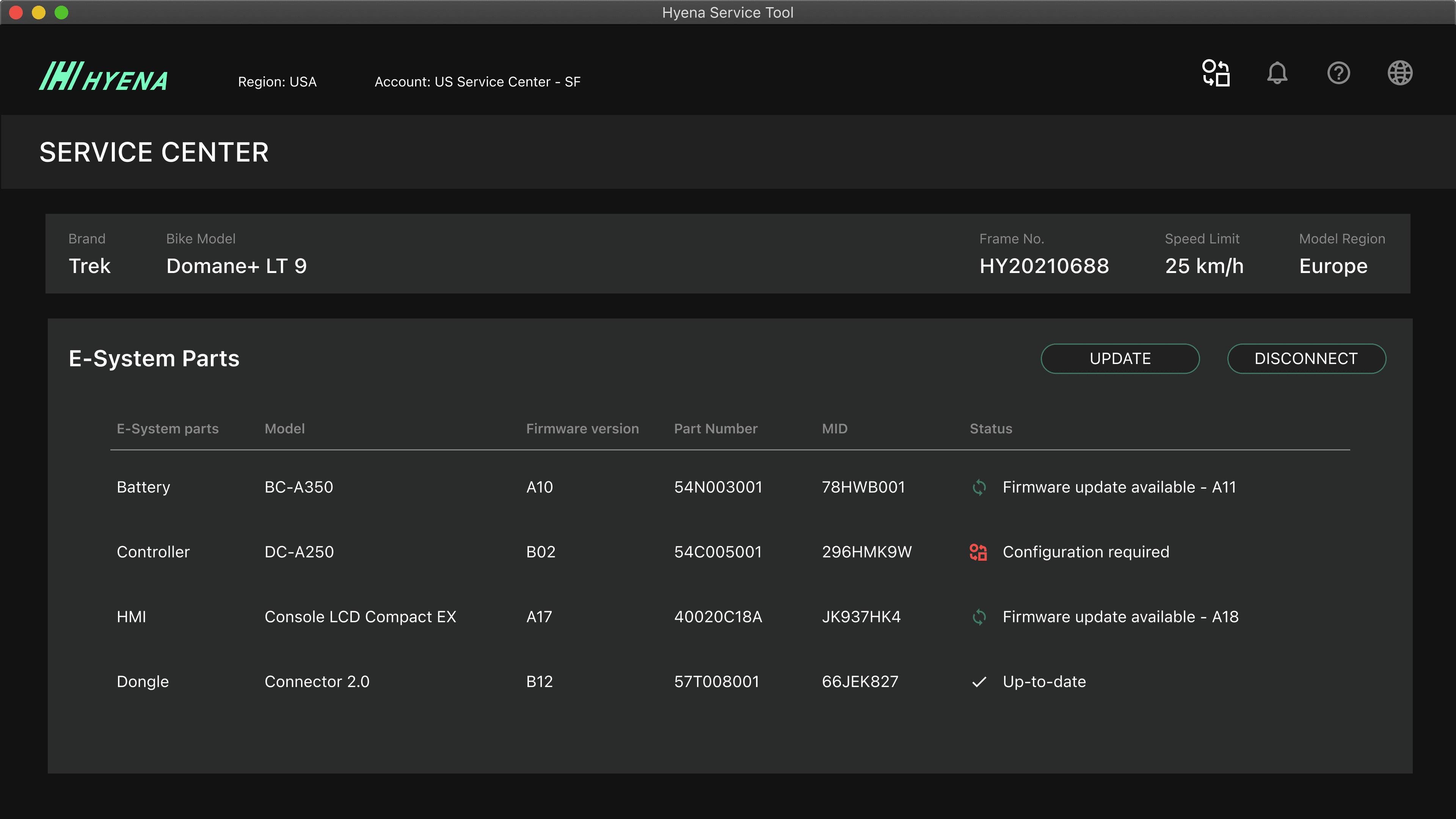 Serice Center Bike Status Page