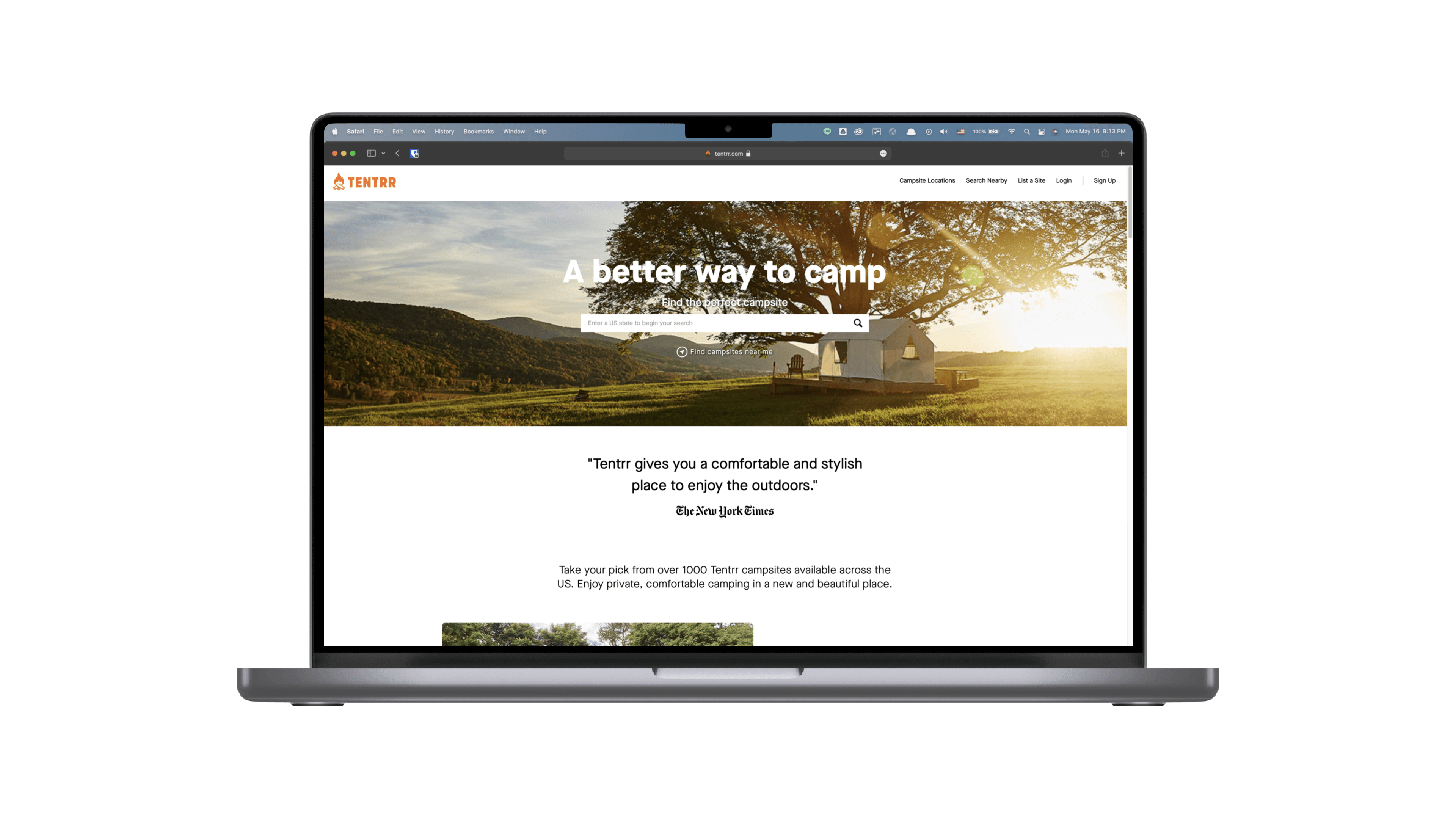 Homepage of Tentrr.com.